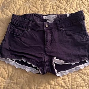 Girls blue shorts with white lace trim